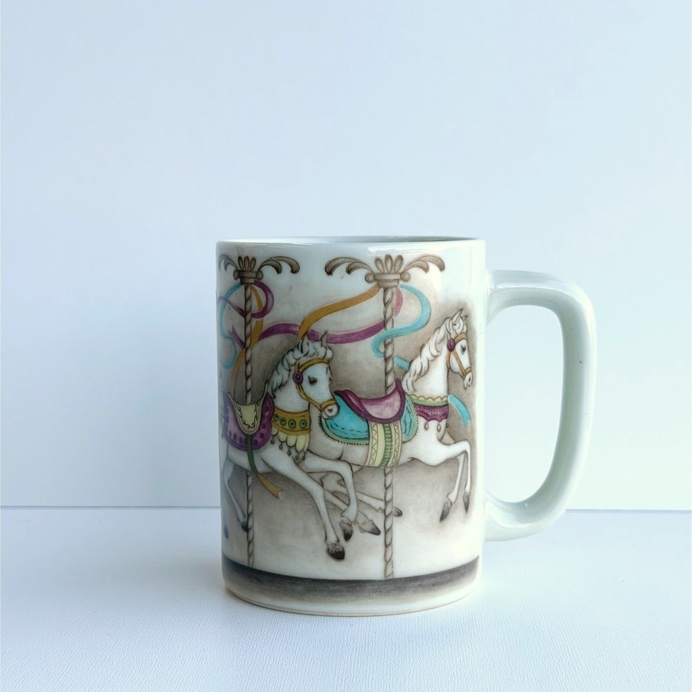 Vintage Otagiri Carousel Coffee Tea‎ Mug Pink Japan Horses